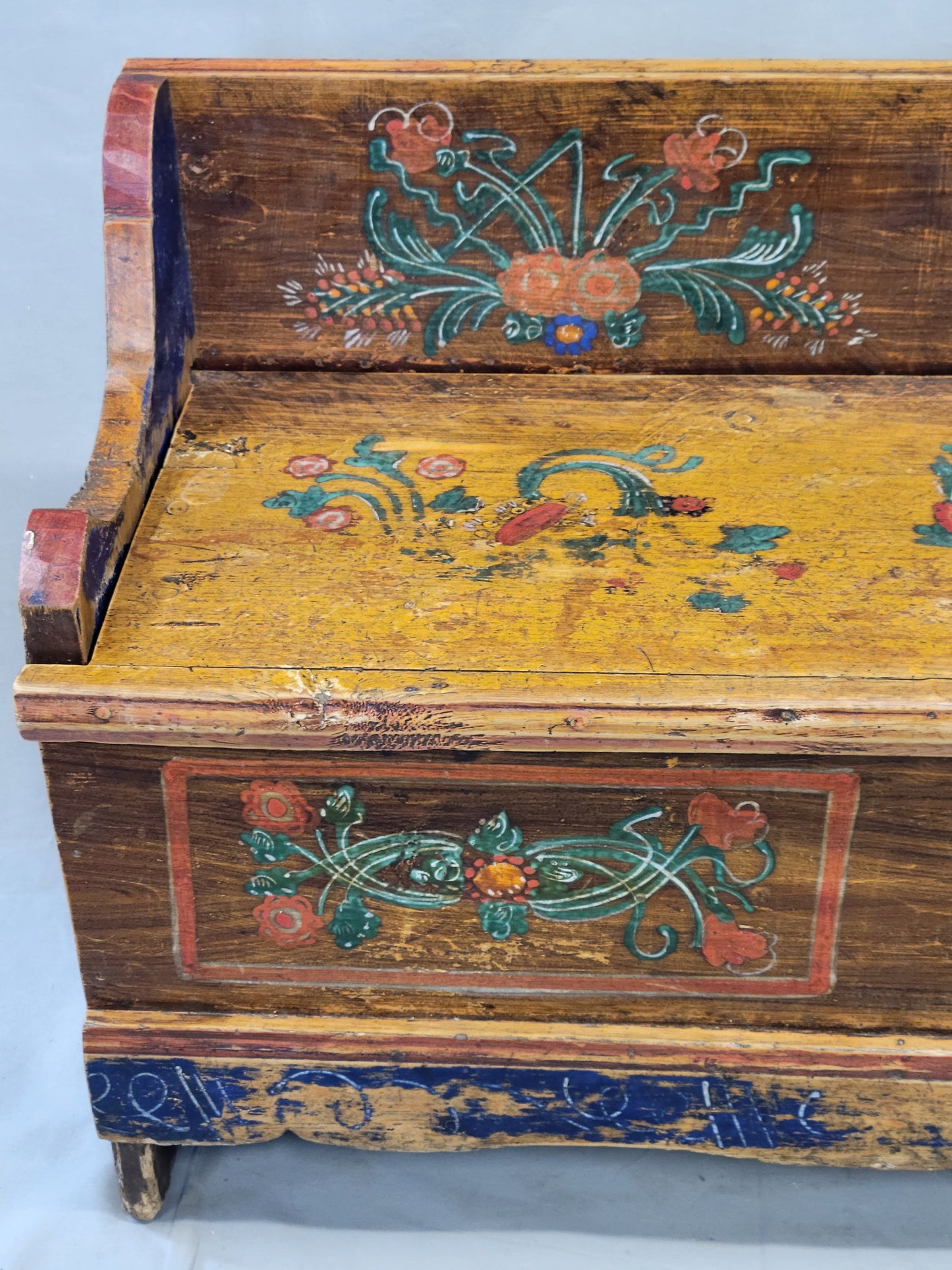 Antique Eastern European Hand Painted Pine Long Storage Bench
