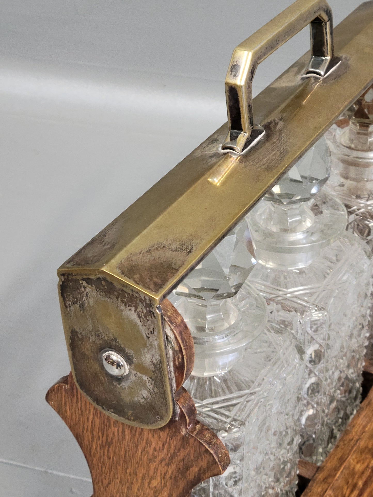 Antique Circa 1900 English Three Bottle Cut Crystal and Oak Tantalus