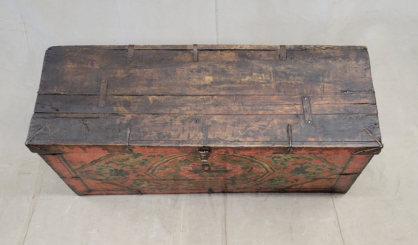 Antique Early 1900s Tibetan Trunk With Original Paint in Flaming Jewel Motif