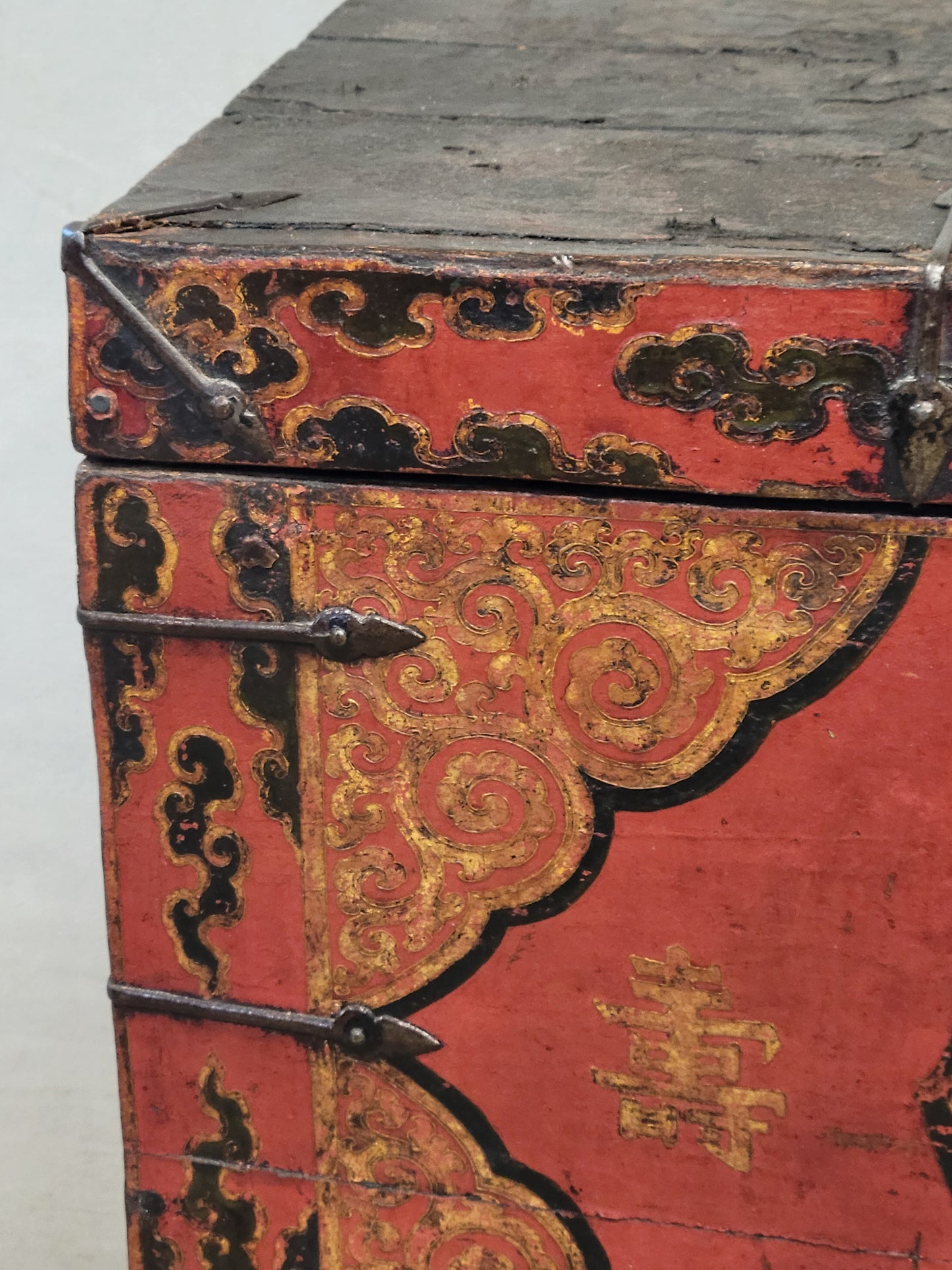 Antique Early 1900s Tibetan Trunk With Original Paint in Dragon Motif