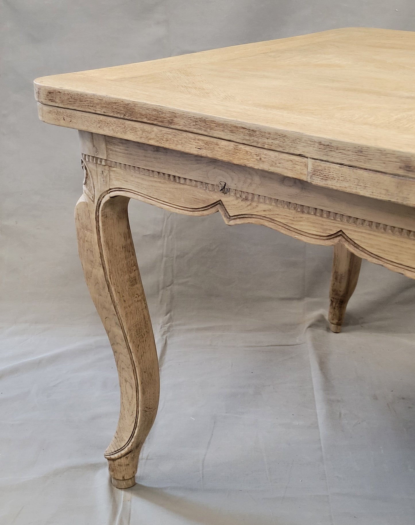 Antique 1920s French Bleached Oak Parquet Top Draw Leaf Table