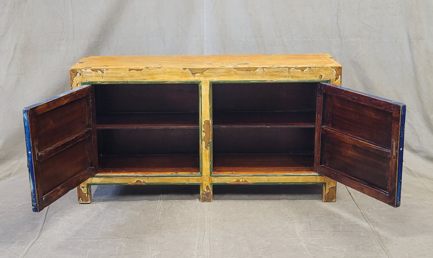 Vintage Chinese Distressed Lacquer Storage Cabinet Console With Floral Motif