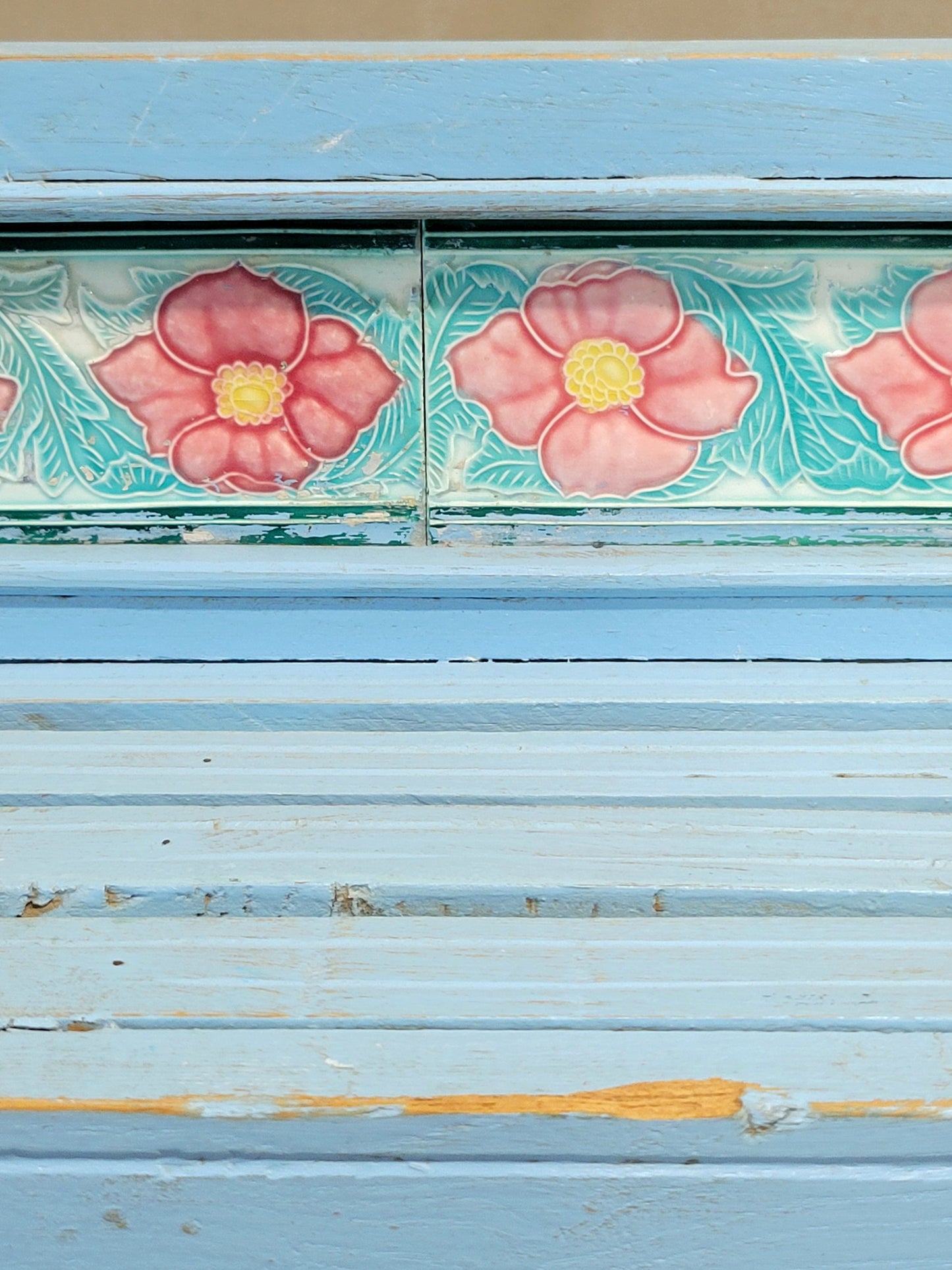 Vintage Indian Painted Bookshelf with Floral Tile