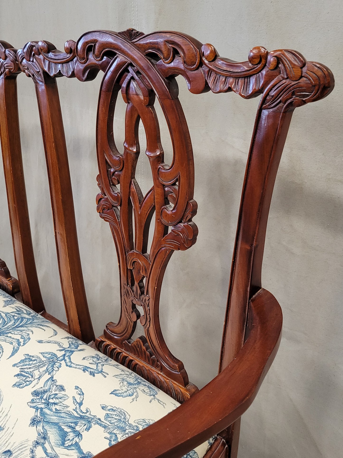 Vintage Mahogany Chippendale Bench With Schumacher Chinoiserie Upholstery