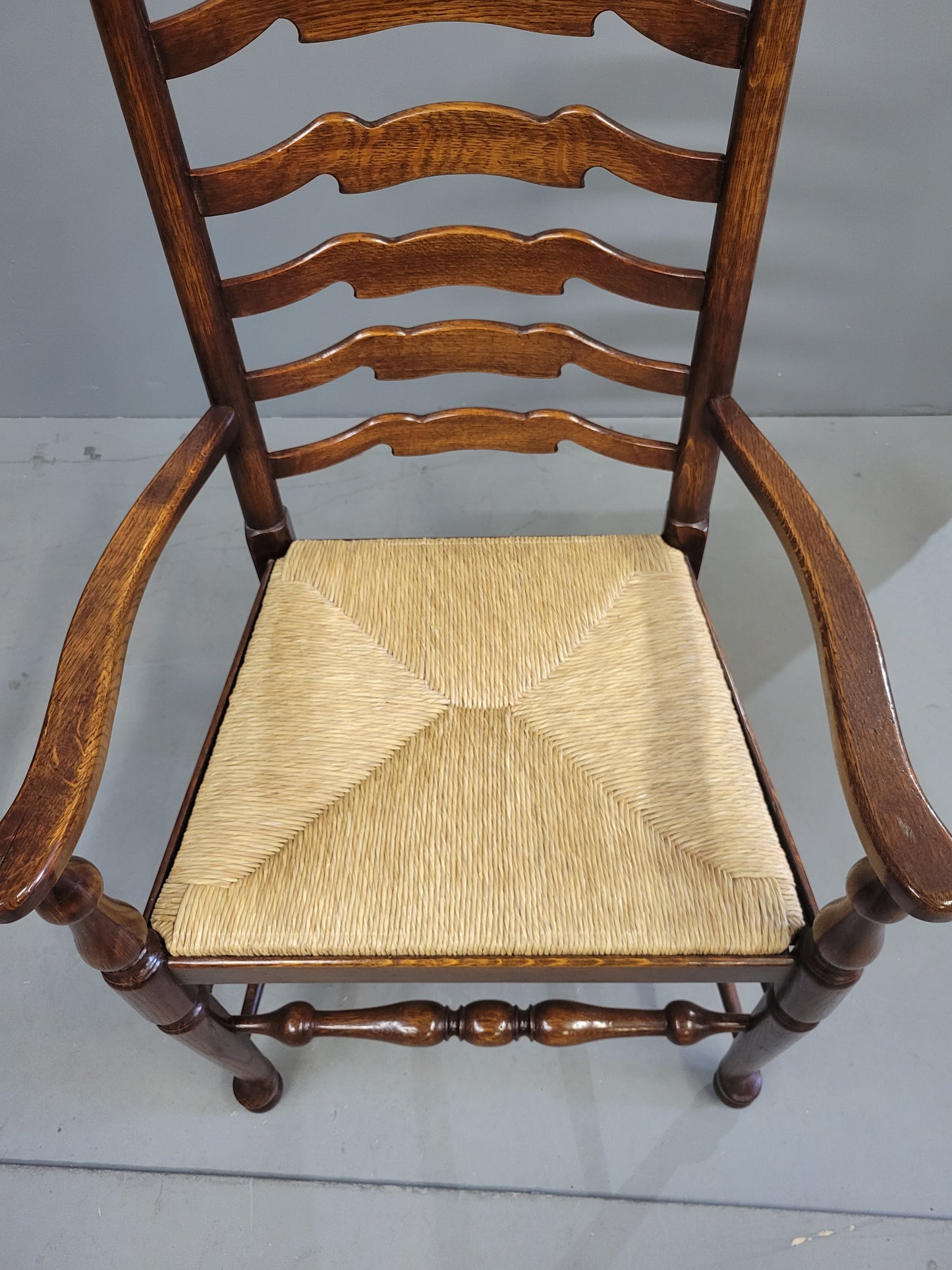 Vintage English Oak Ladderback Chairs With Rush Seats - Set of 8