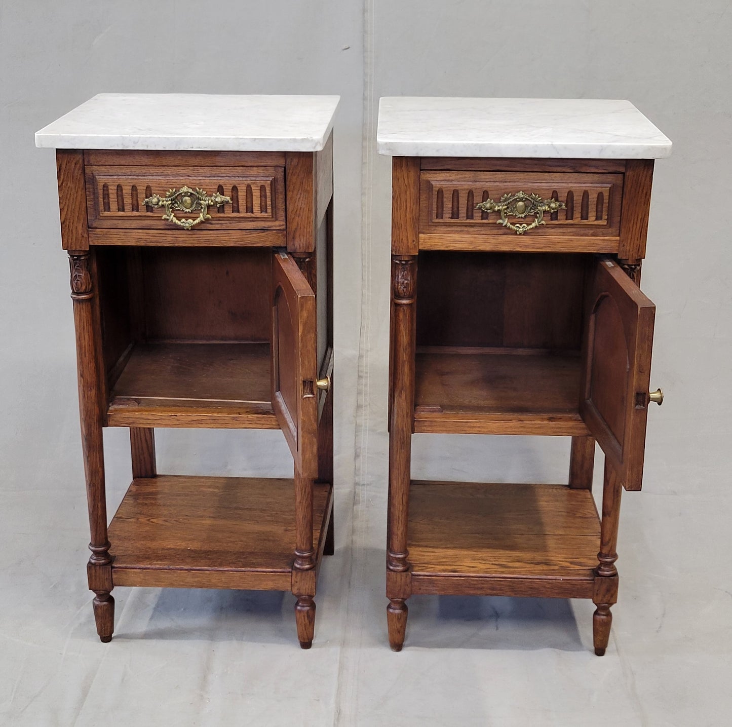 Antique Circa 1900 French Oak Pot Cupboards Nightstands With Carrera Marble Tops- a Pair