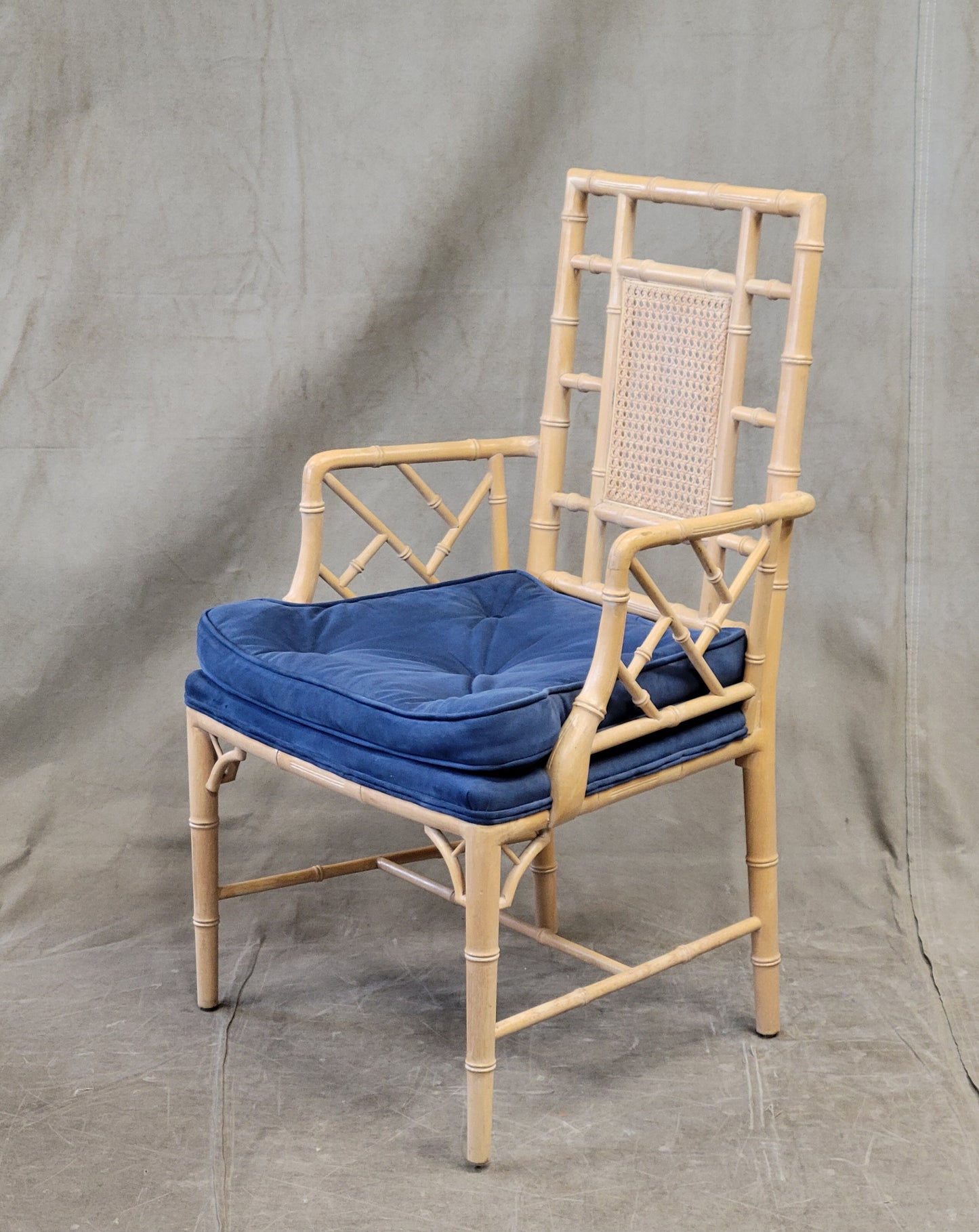 Vintage Faux Bamboo Chairs With Blue Cushions - a Pair