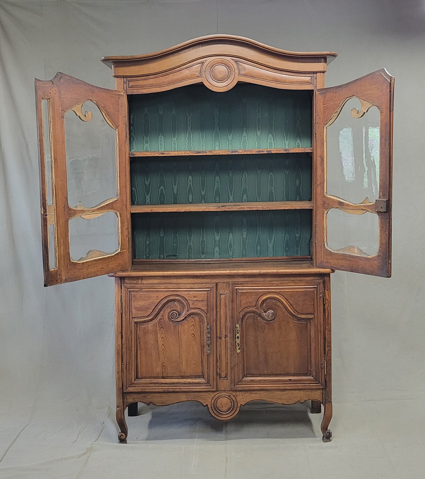 Antique French Provincial 18th c. Pine Deux Corps Pine Buffet with Glass Doors