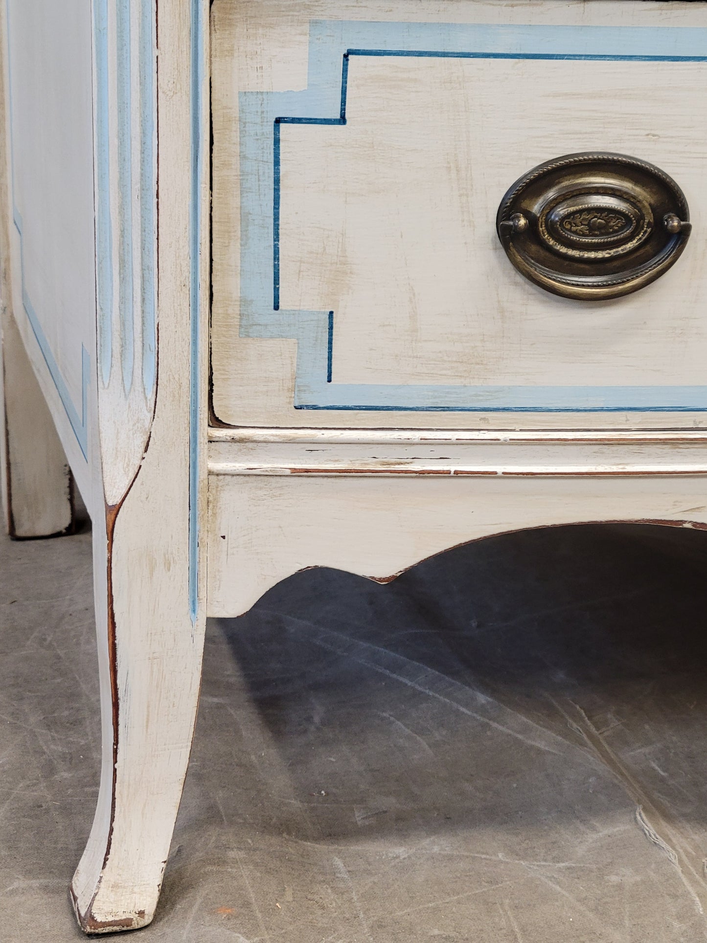 Vintage Painted Blue and White Trompe l'Oeil Bow Front Dresser With Greek Key Motif