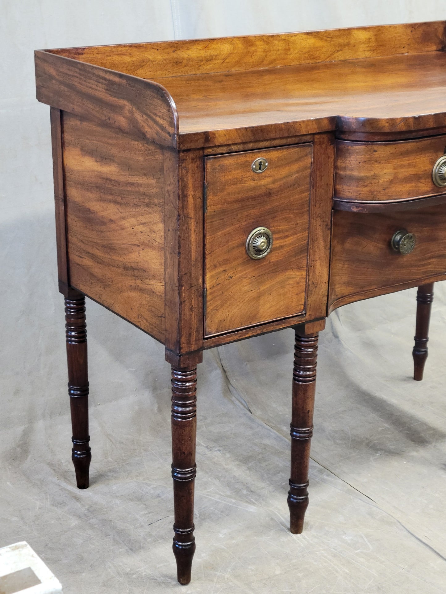 Antique English Mahogany Hepplewhite Style Bowfront Buffet With Brass Pulls