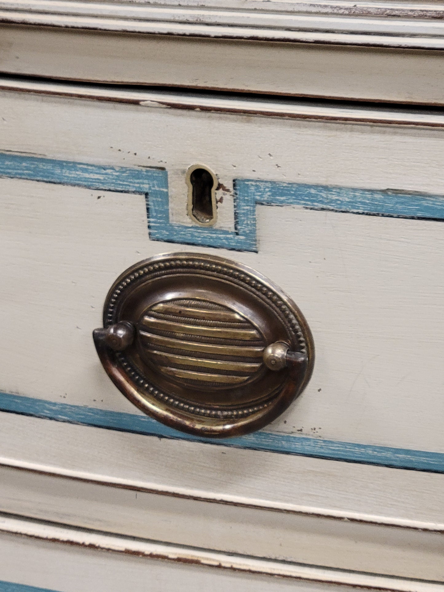 Antique English Painted Mahogany Dresser With Blue French Line Motif