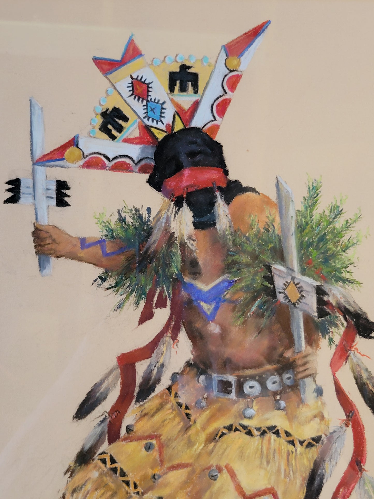 Native American Original John M. Flores Pastel Drawings in Maple Frames - Set of 3