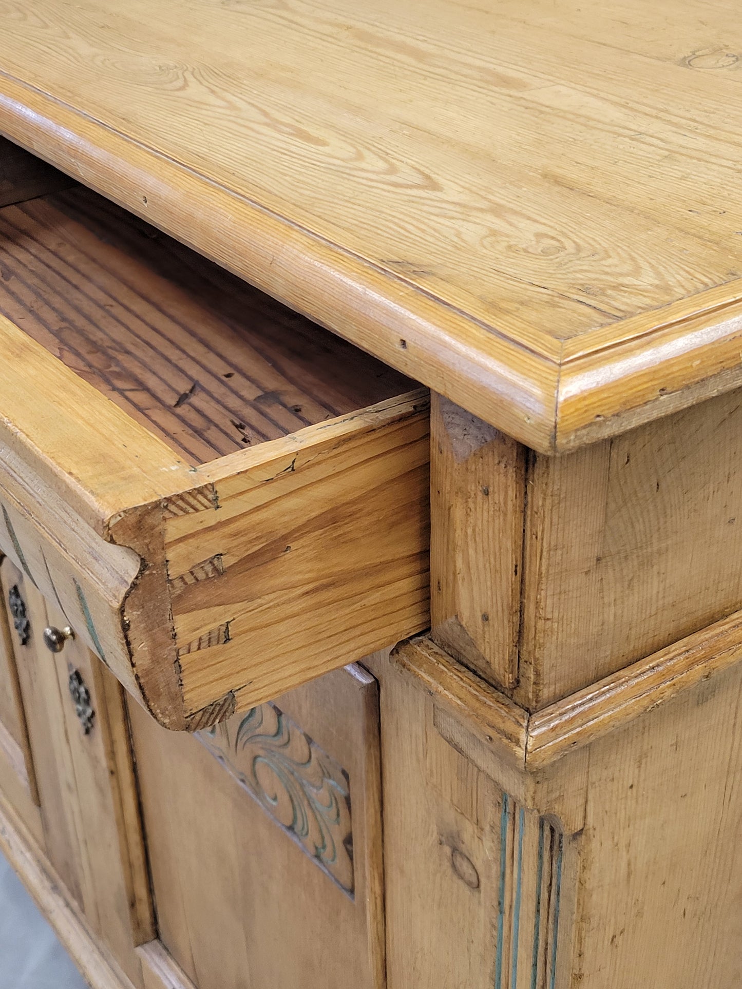 Antique Early 1900s German Pine Sideboard Buffet With Painted Carving
