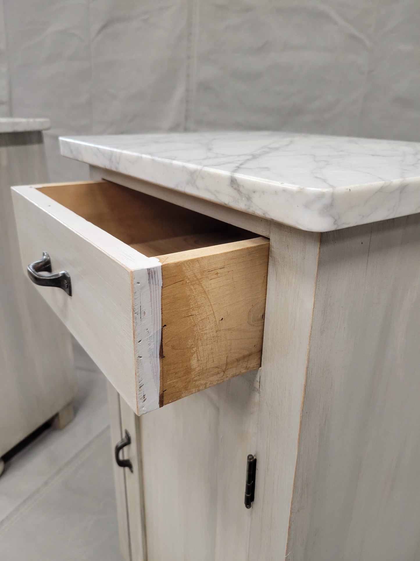 Pair of Vintage Painted Pine Nightstands With Carrera Marble Tops