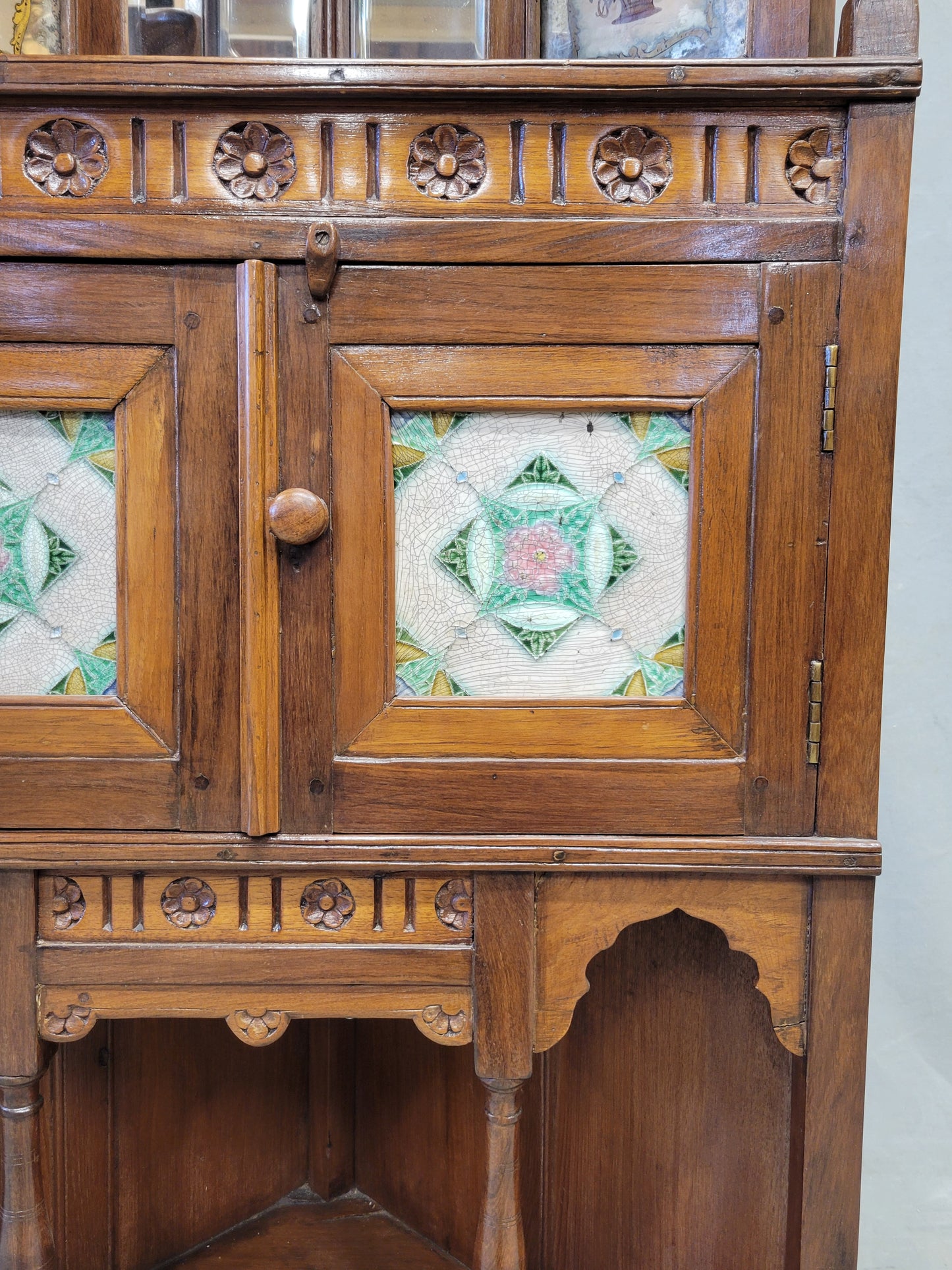 Antique British Colonial Corner Shelf Cabinet With Tiles