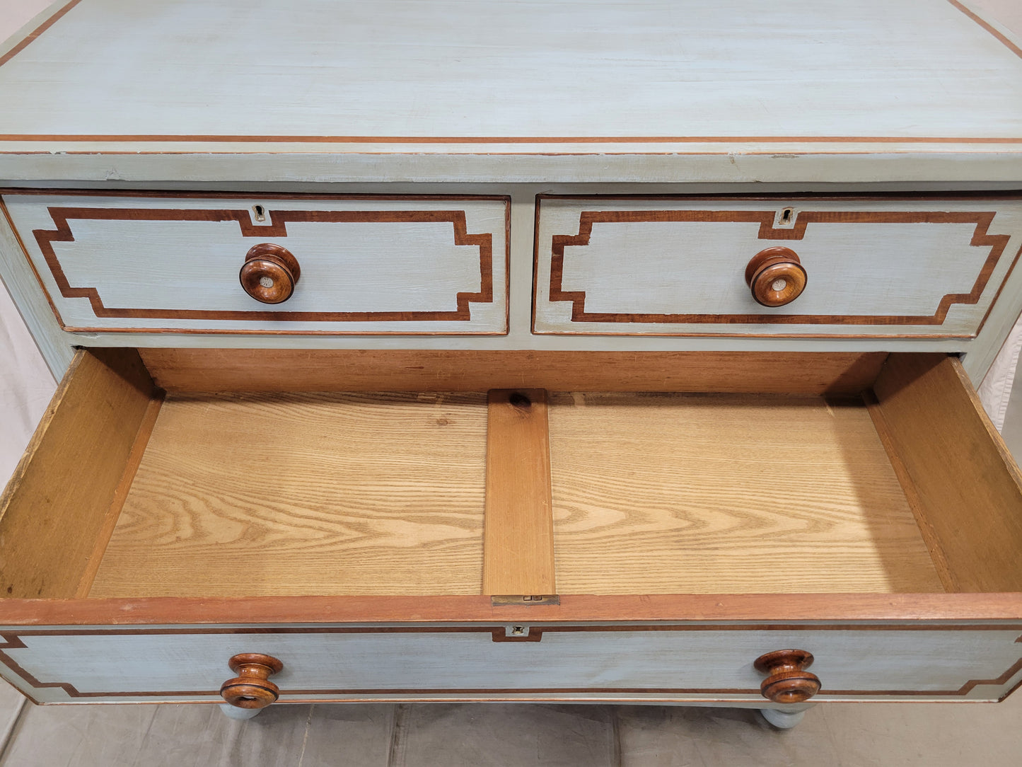 Antique English Blue Painted Dresser With Mahogany Pulls Inset With Mother-of-Pearl