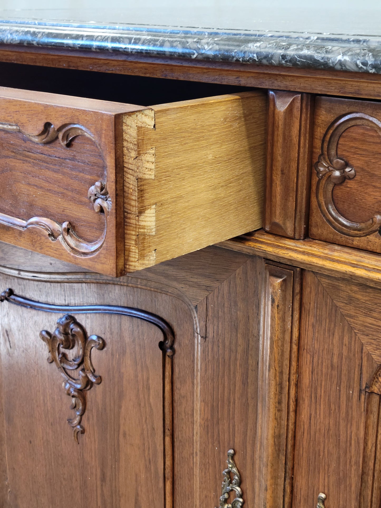 Antique Early 1900s Austrian Walnut Marble Top Sideboard Buffet