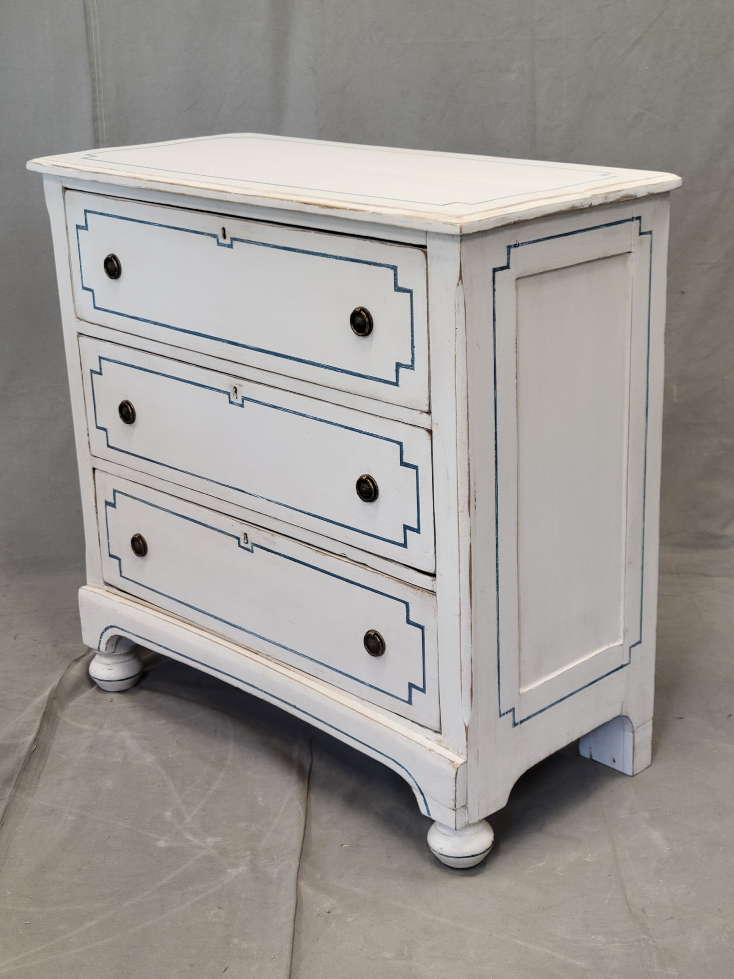 Pair of Antique 19th Century Pine Painted White Dressers With Blue French Line Motif