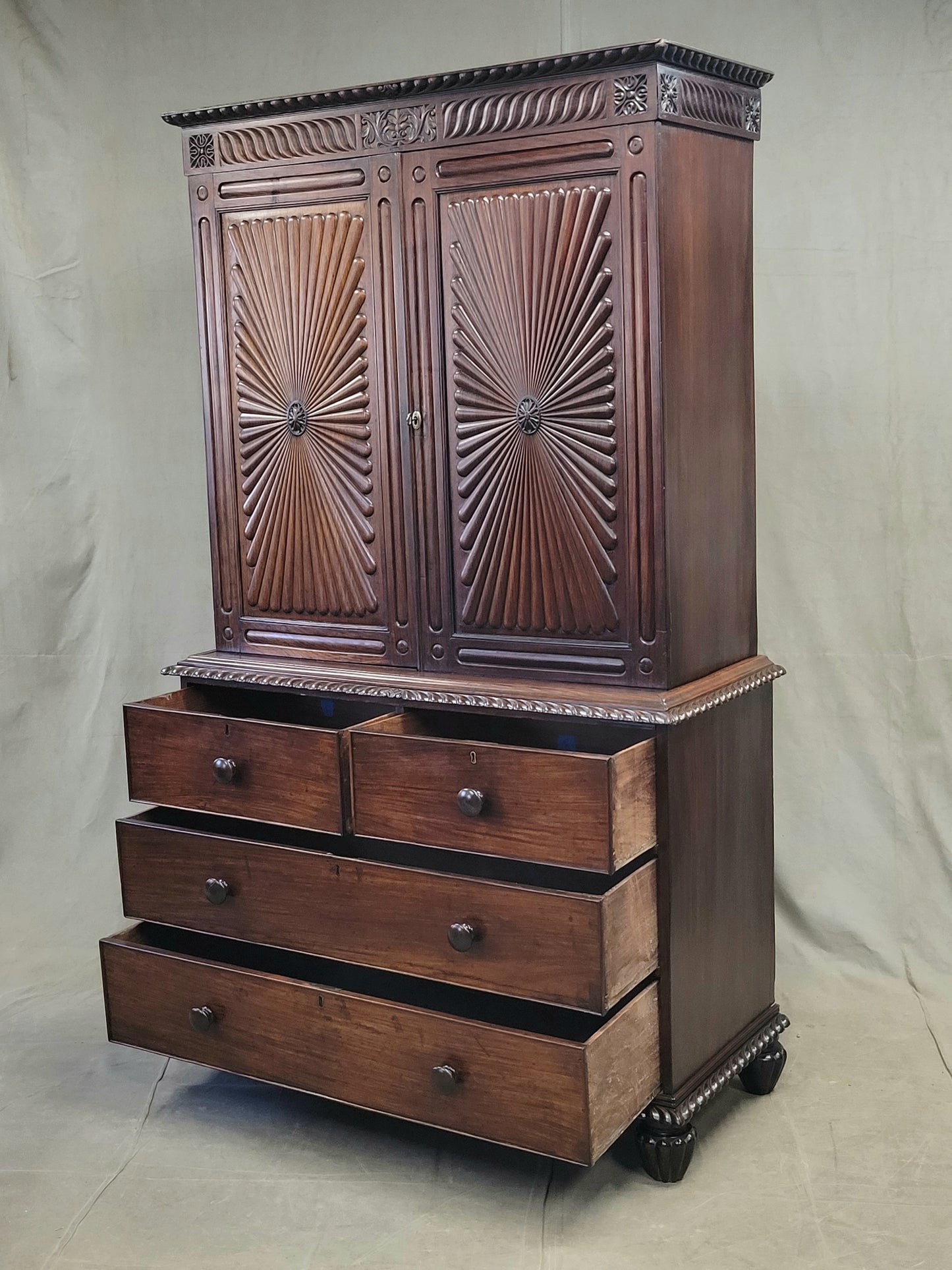 Antique 19th Century Anglo-Indian British Colonial Rosewood Linen Press Cabinet