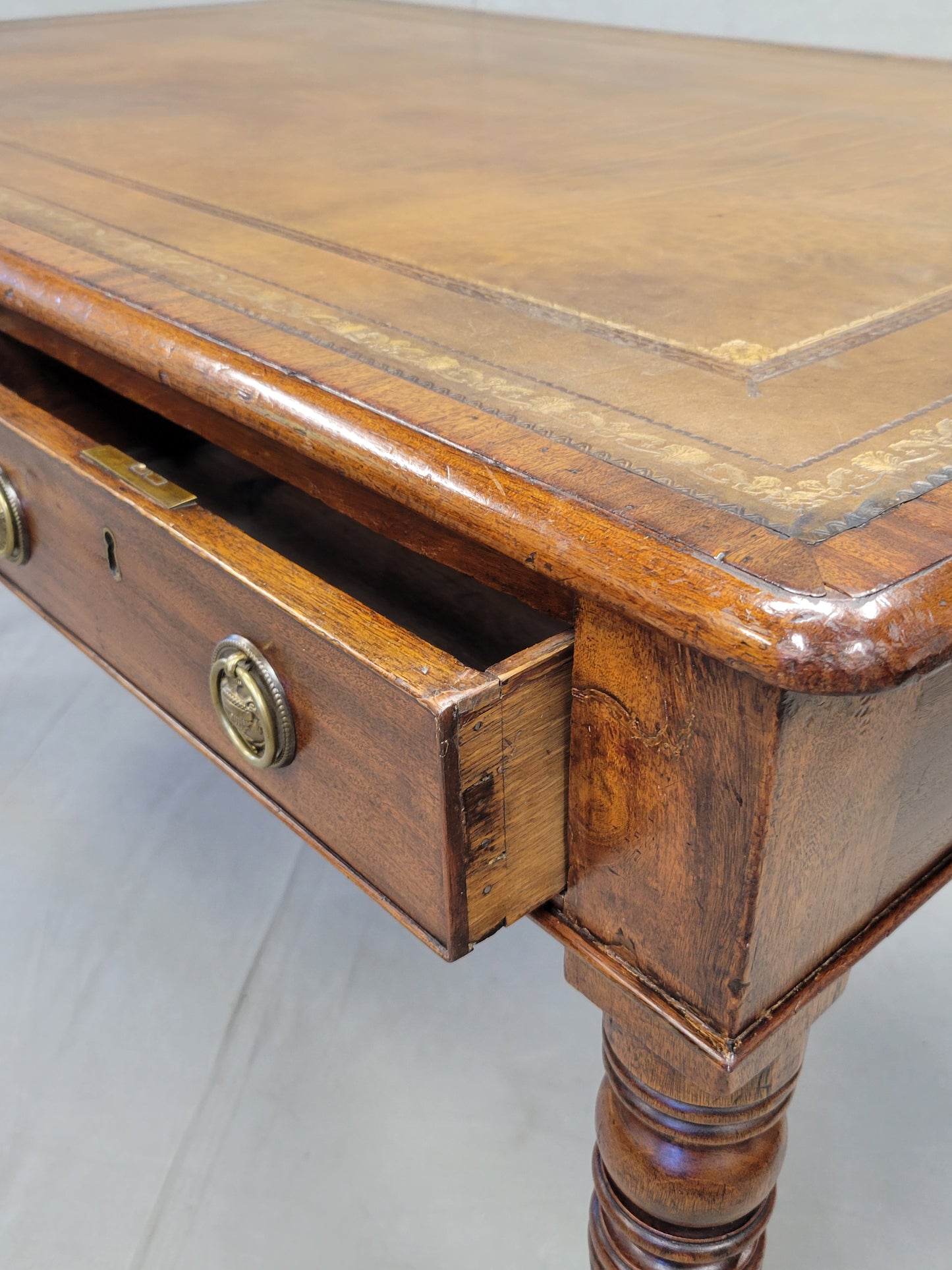 Antique Mid 1800s English Mahogany Partner Desk With Tooled Leather Top
