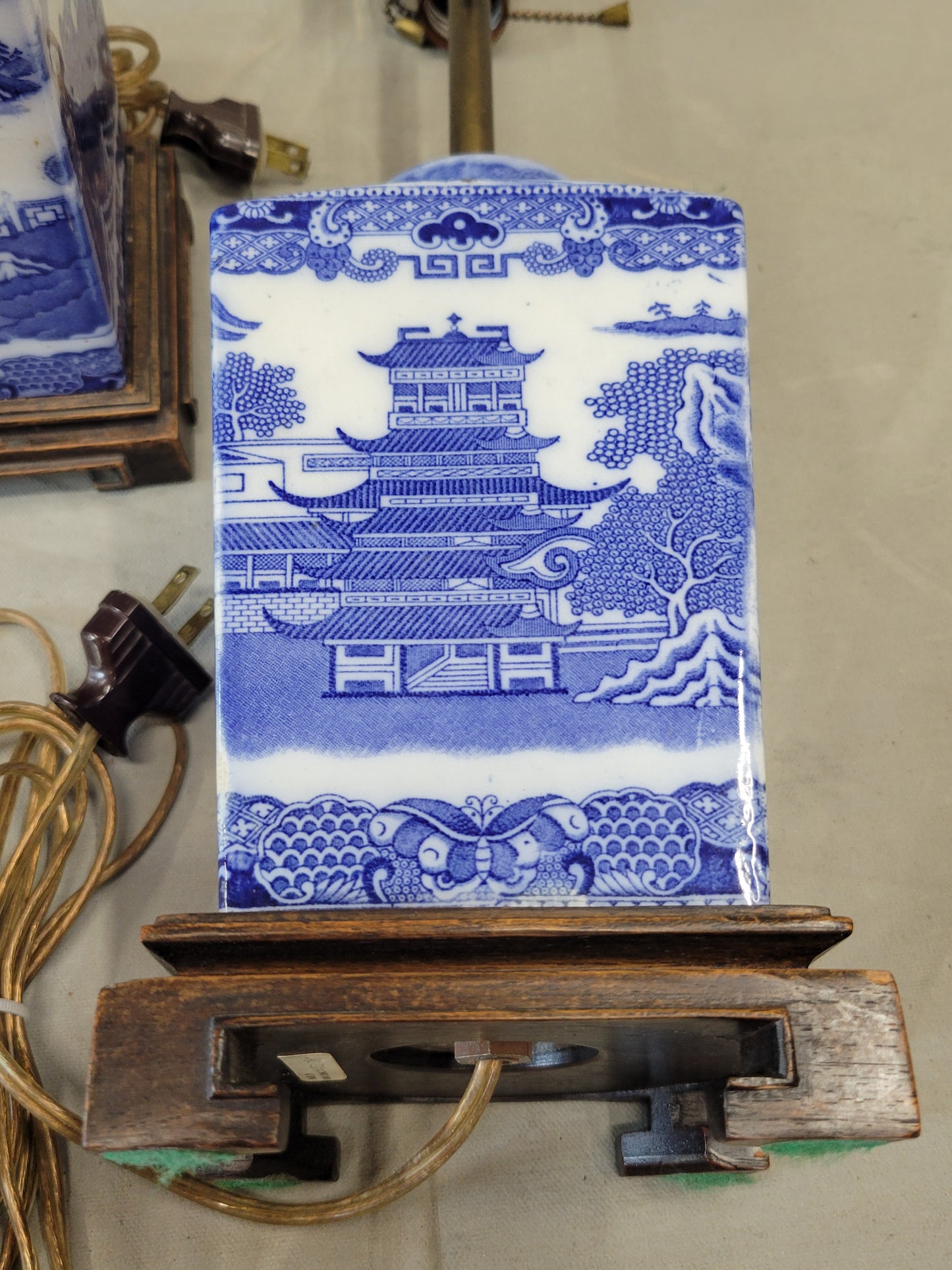 Vintage Blue Willow Lamps With Silk Lampshades - a Pair