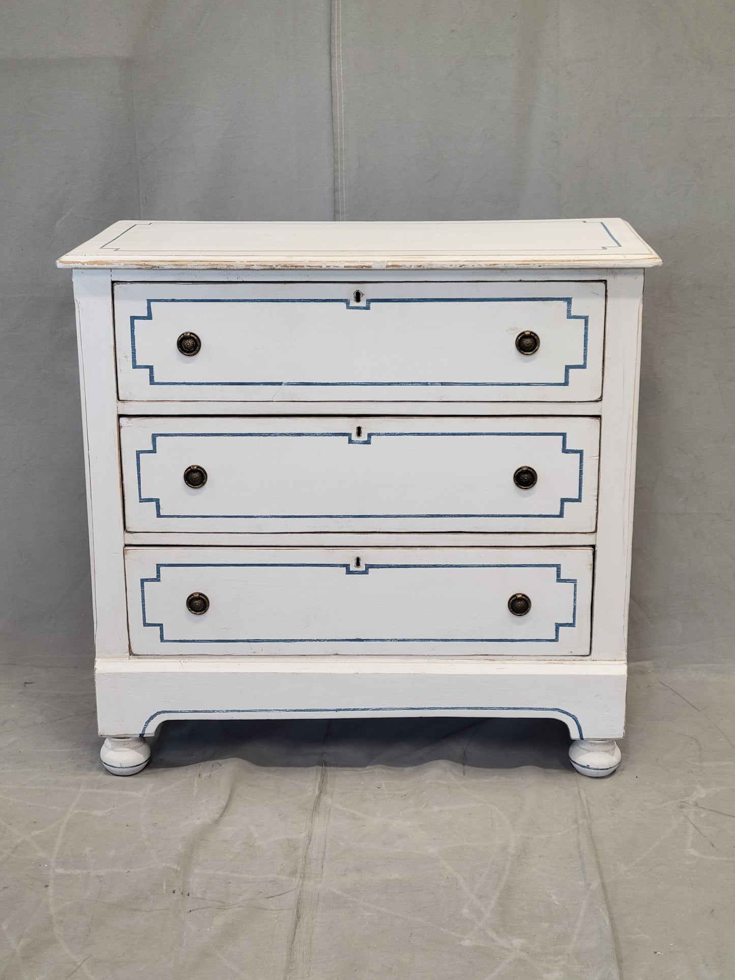 Pair of Antique 19th Century Pine Painted White Dressers With Blue French Line Motif