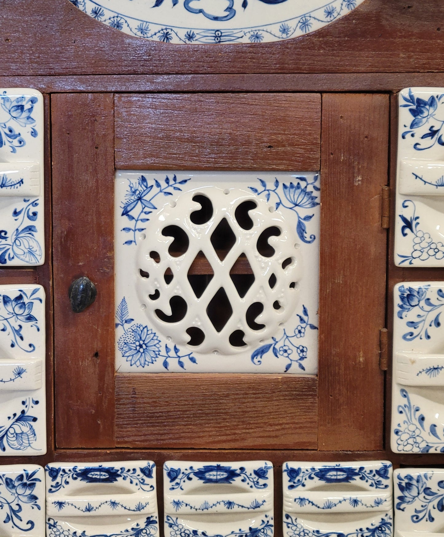 Vintage Dutch Spice Cabinet With 'Blue Onion' Ceramic Inserts