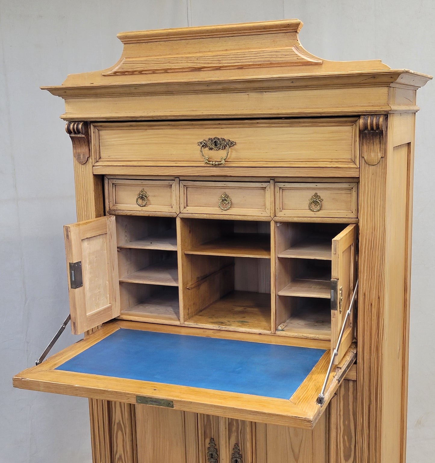 Antique Danish Biedermeier Pine Secretary Desk With Blue Leather