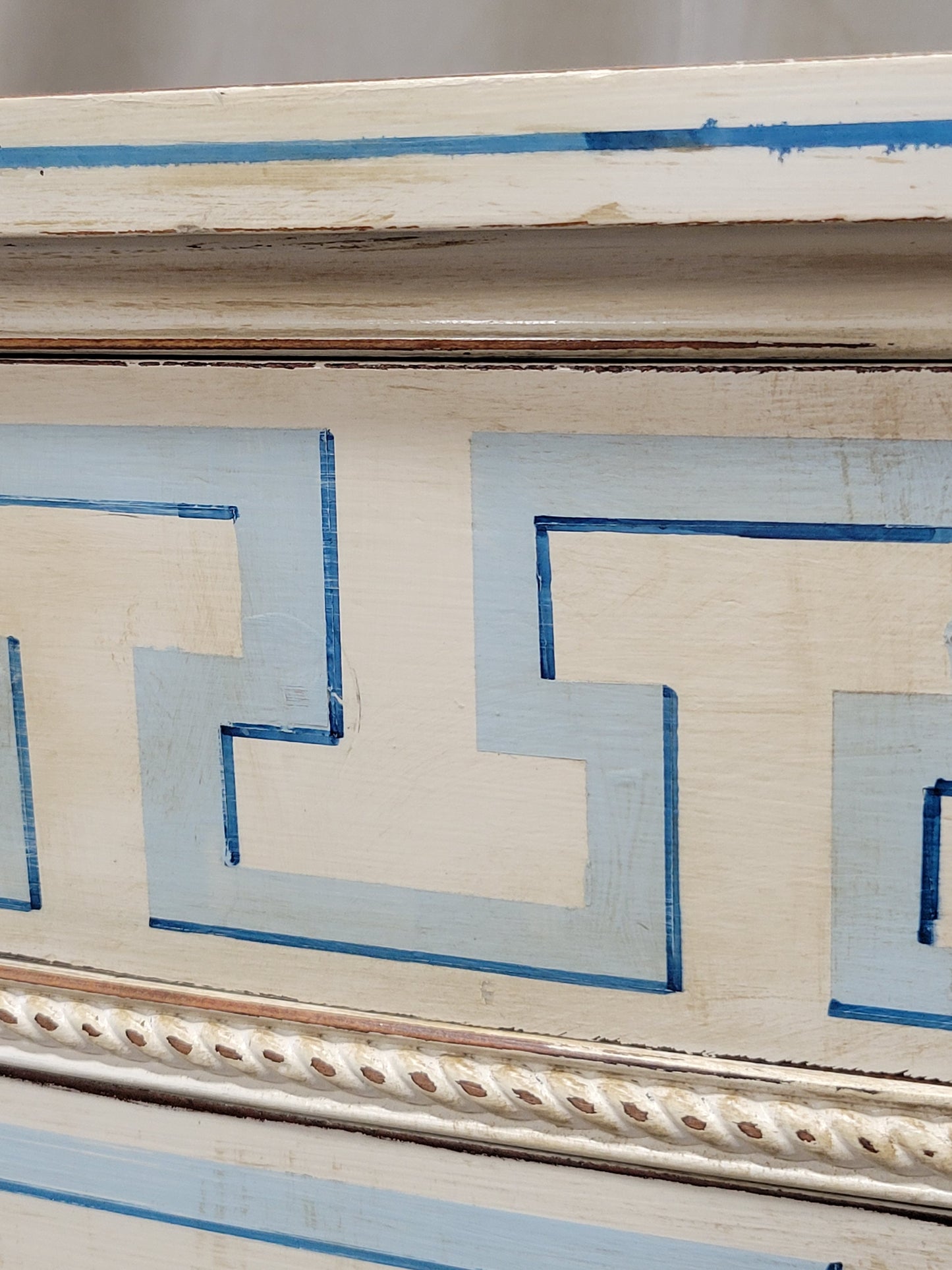 Vintage Painted Blue and White Trompe l'Oeil Bow Front Dresser With Greek Key Motif