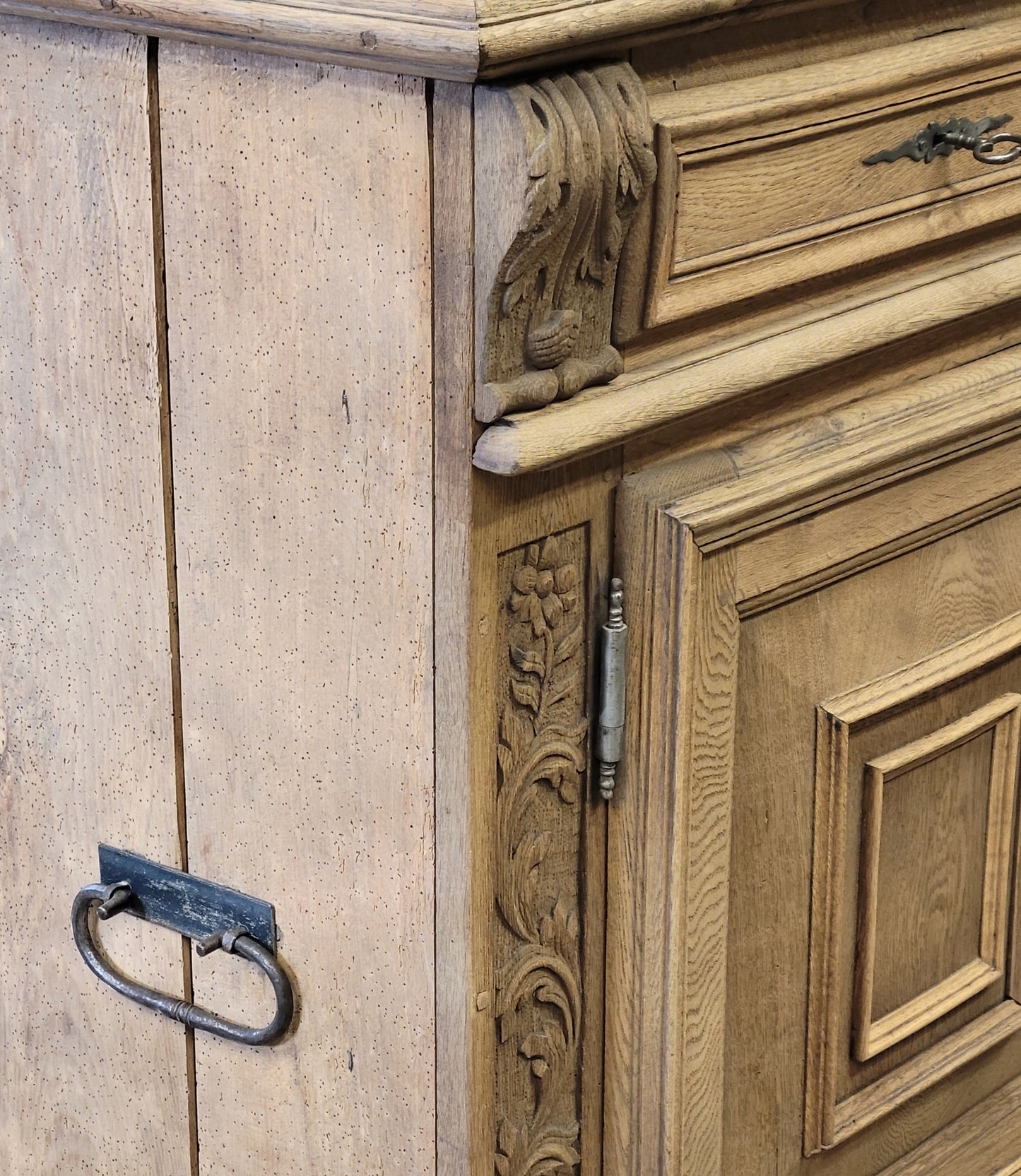 Antique French Bleached Oak and Pine Deux Corps Carved Cupboard With Blue French Ticking Interior