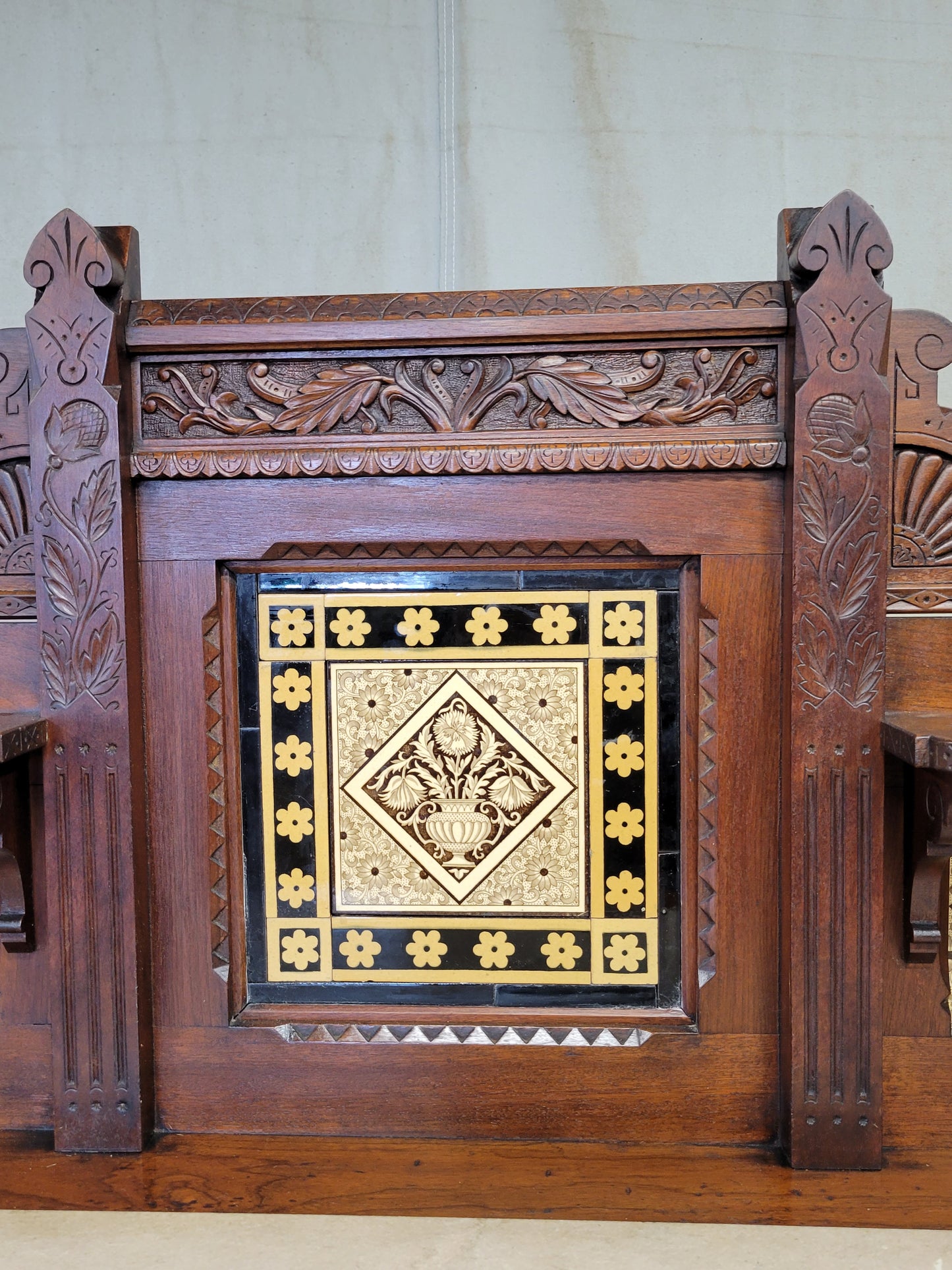 Antique English Aesthetic Movement Walnut, Marble and Minton Tile Sideboard