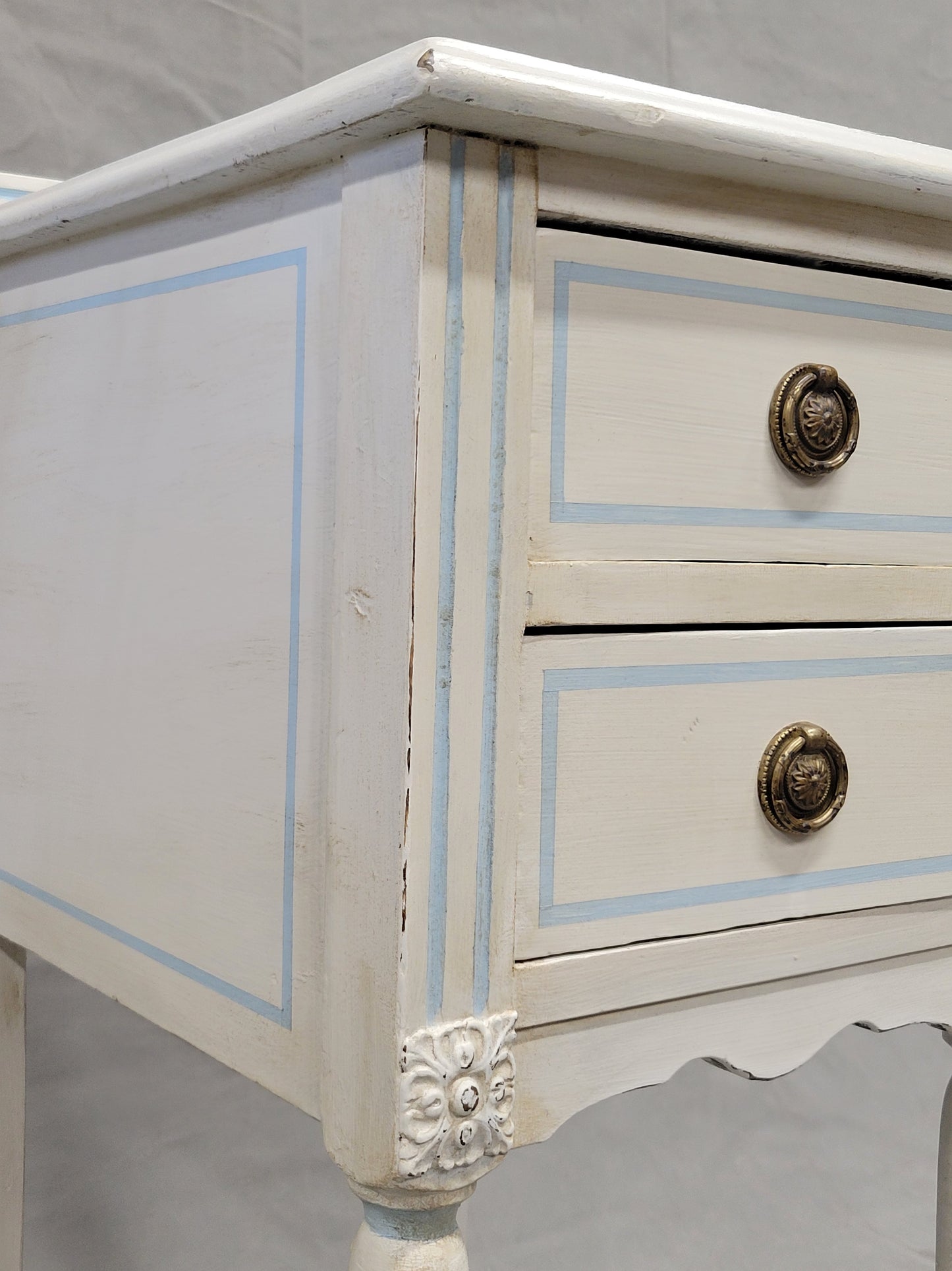 Vintage White Nightstands With Blue Striping - a Pair