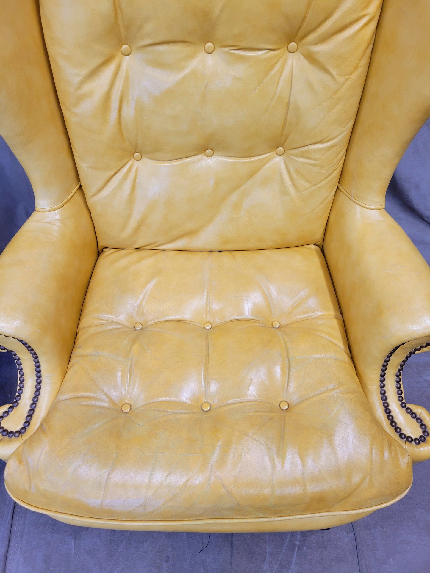 Vintage Classic Brand Top Grain Yellow Leather Chesterfield Chairs - a Pair