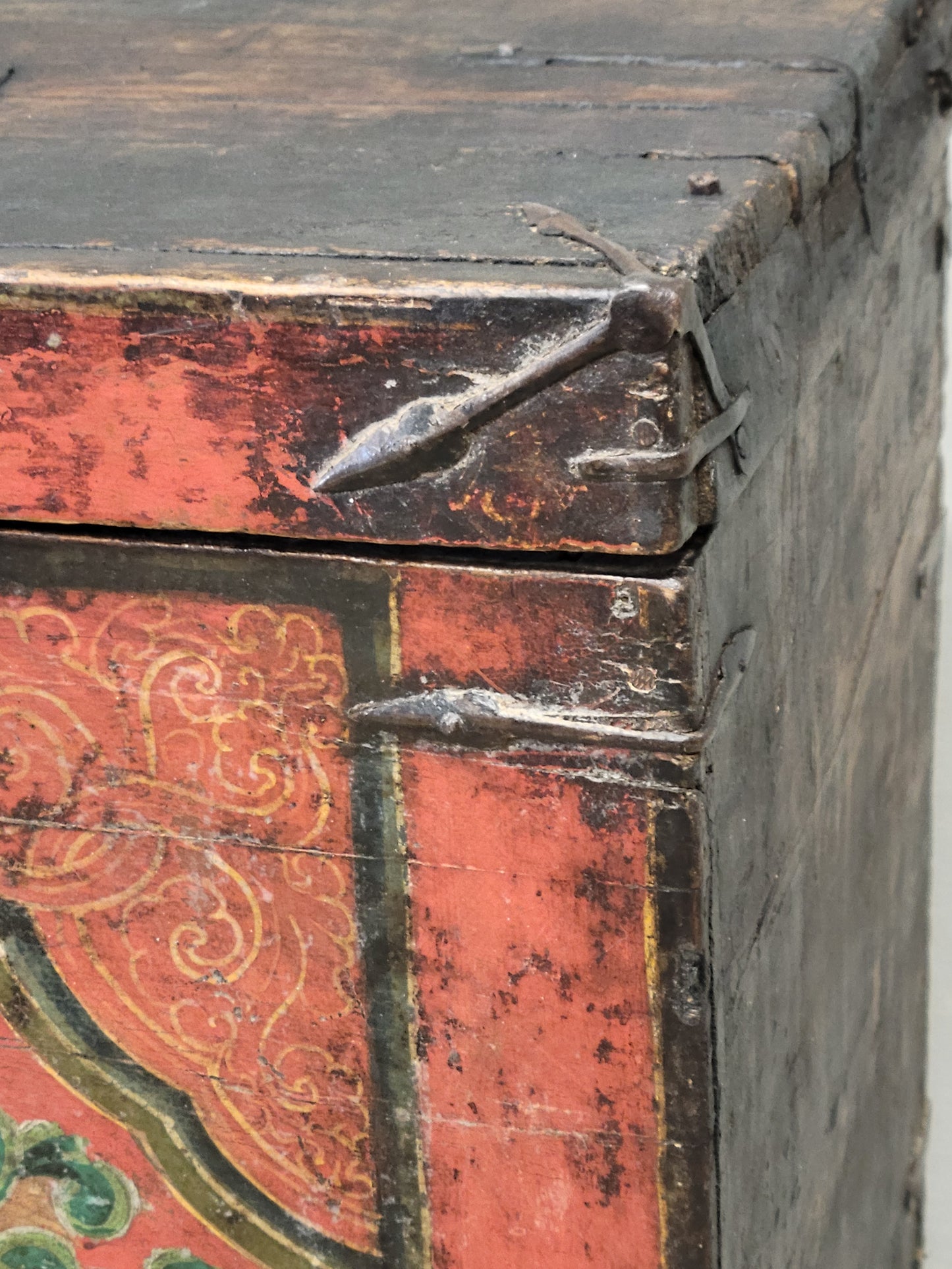 Antique Early 1900s Tibetan Trunk With Original Paint in Flaming Jewel Motif
