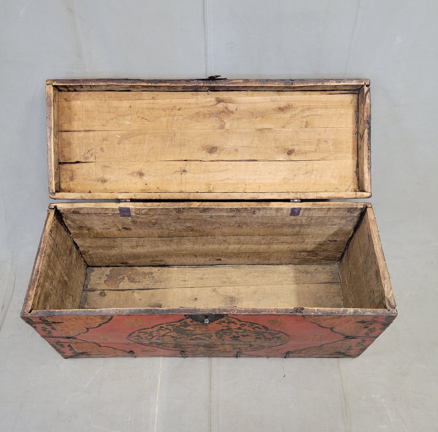 Antique Early 1900s Tibetan Trunk With Original Paint in Dragon Motif