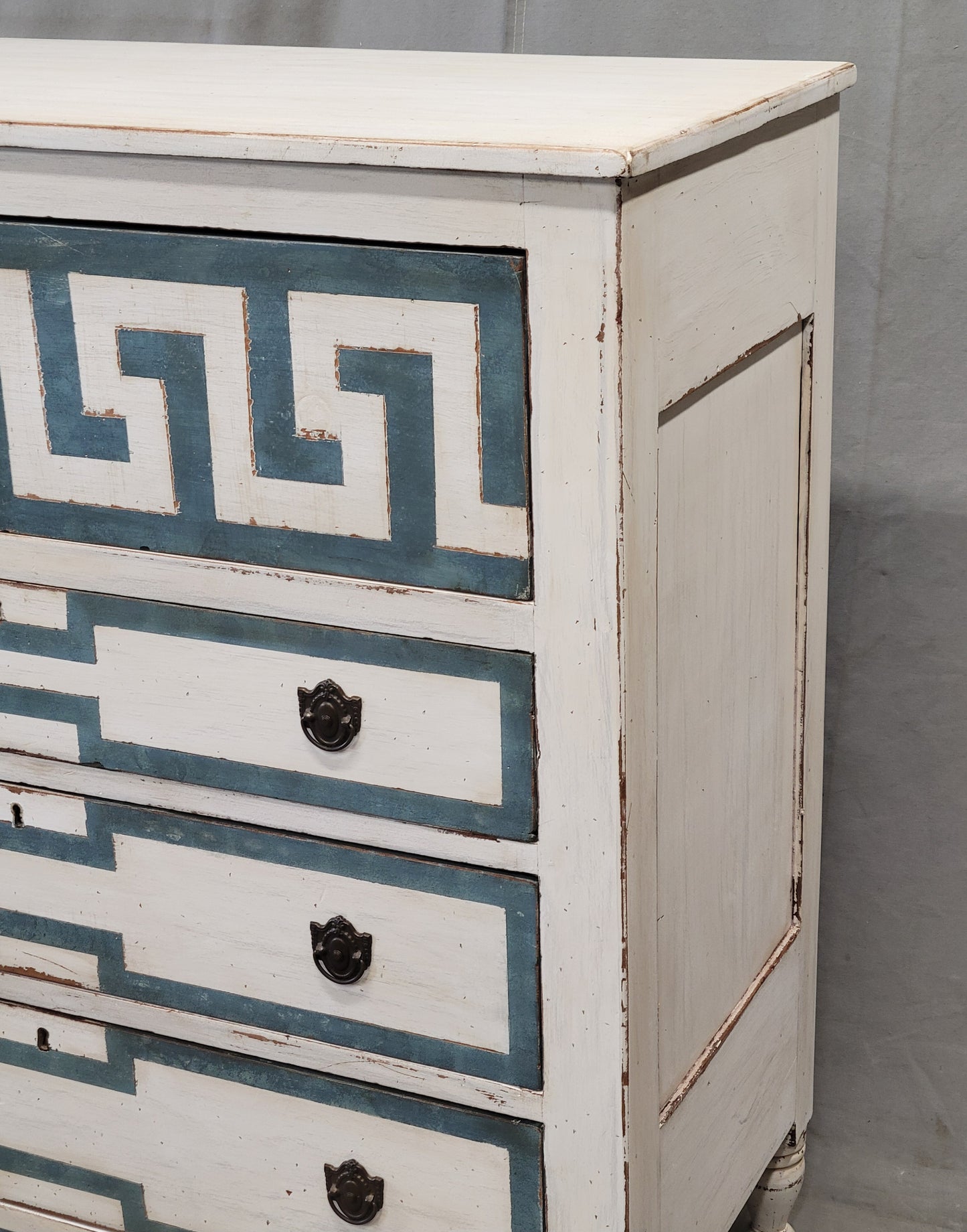 Antique English Painted Dresser Chest of Drawers With Greek Key Motif