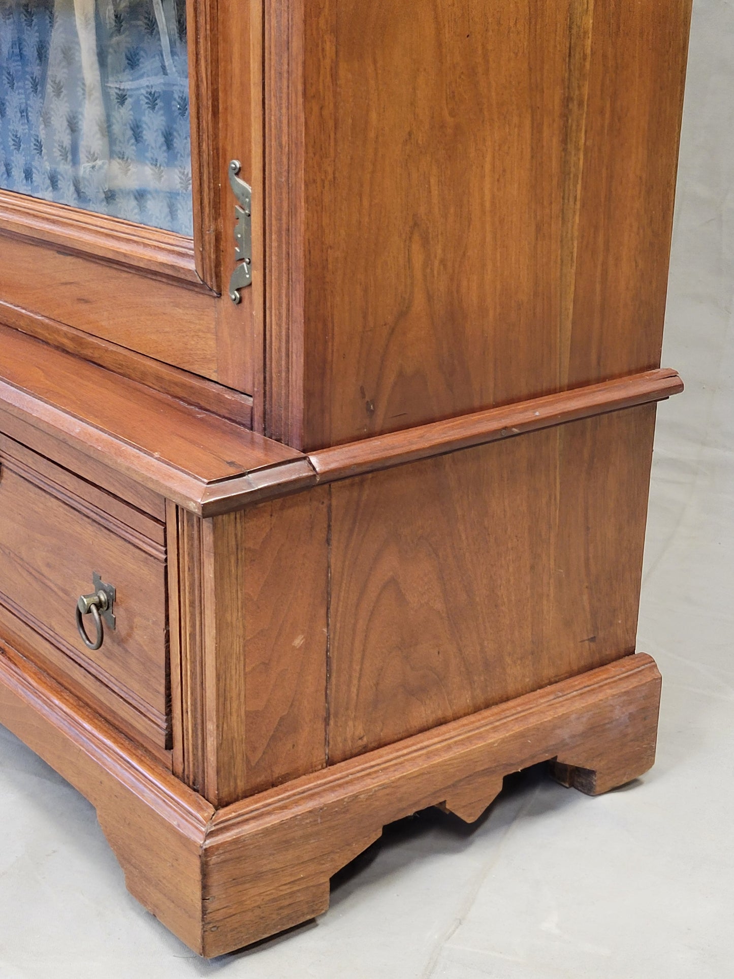 Antique Walnut Glass Door Bookcase With Blue Interior
