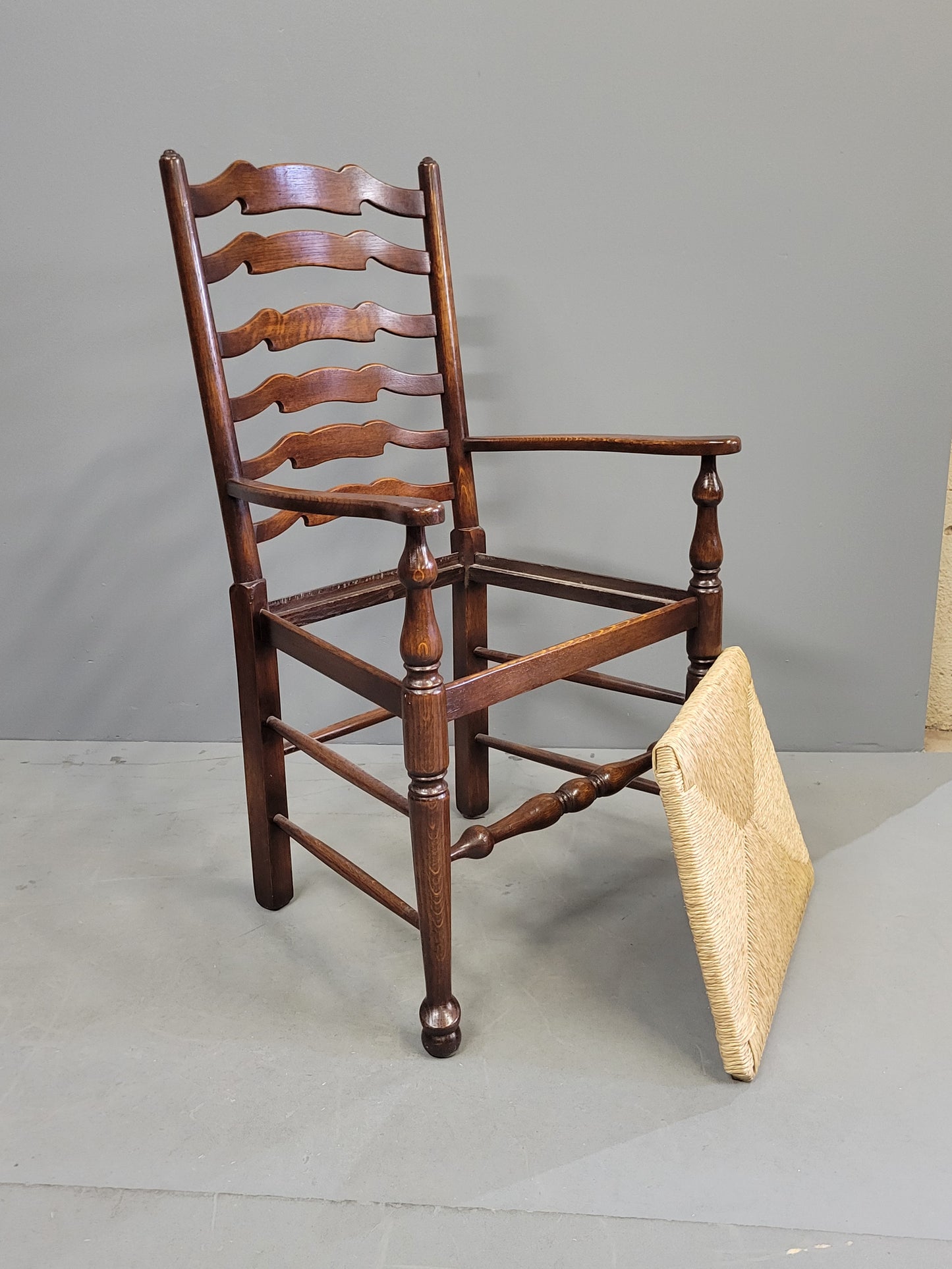 Vintage English Oak Ladderback Chairs With Rush Seats - Set of 8
