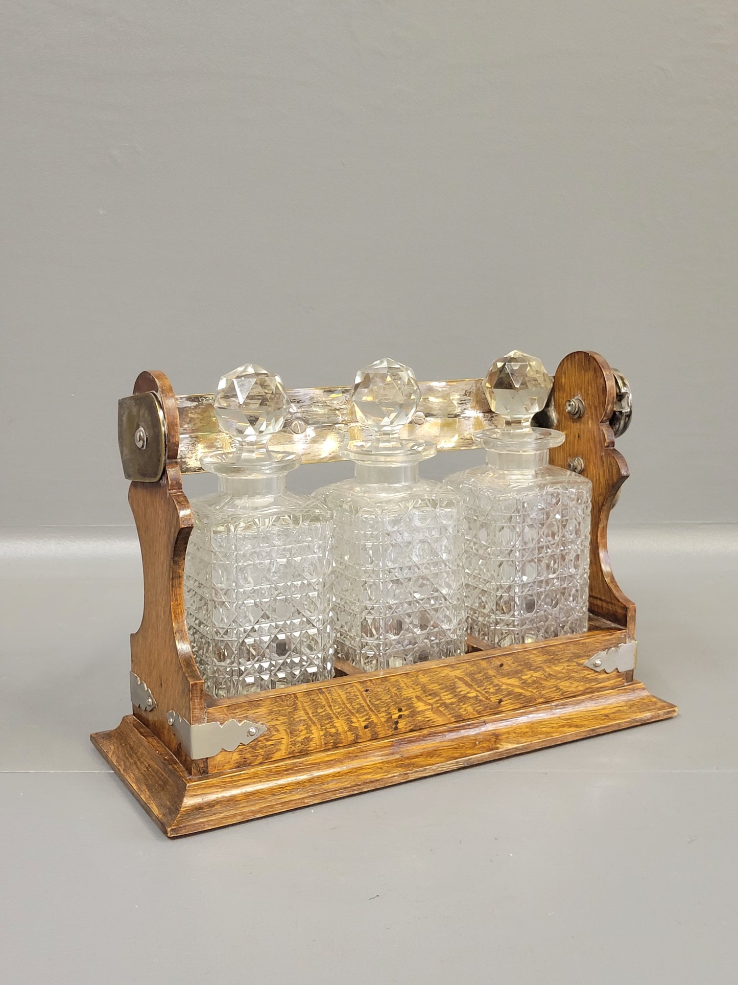 Antique Circa 1900 English Three Bottle Cut Crystal and Oak Tantalus