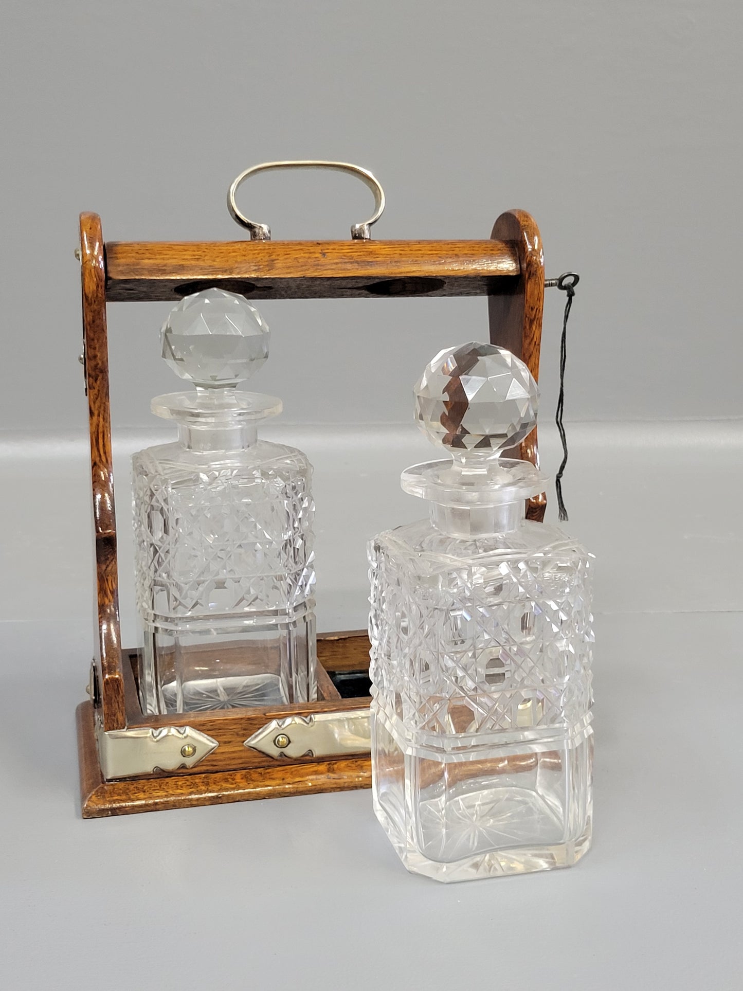 Antique Circa 1900 English Two Bottle Cut Crystal and Oak Tantalus