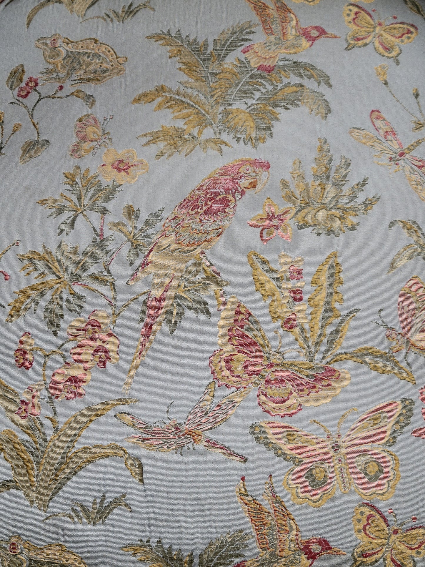 Vintage 1930s Art Deco Fan Back Bergere Chair With Kravet Parrot and Butterfly Damask Fabric