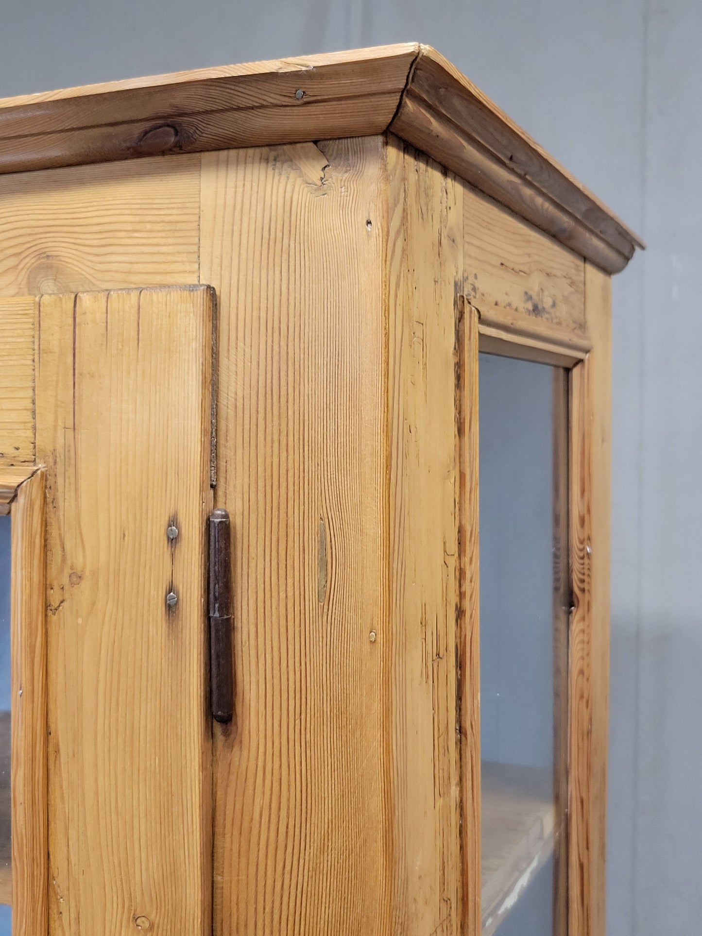 Antique German Pine Display Cabinet With Painted Blue Interior
