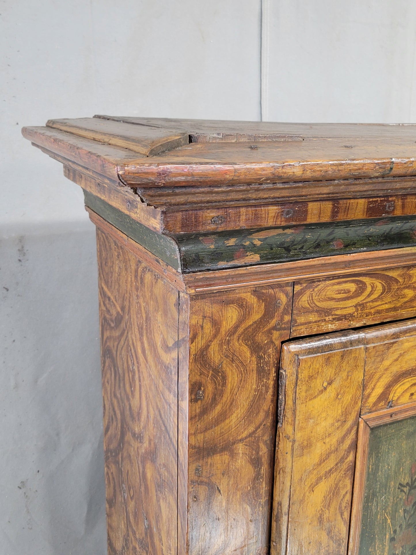 Antique 19th Century Austrian Pine Cupboard With Original Faux Bois Paint and Floral Accents