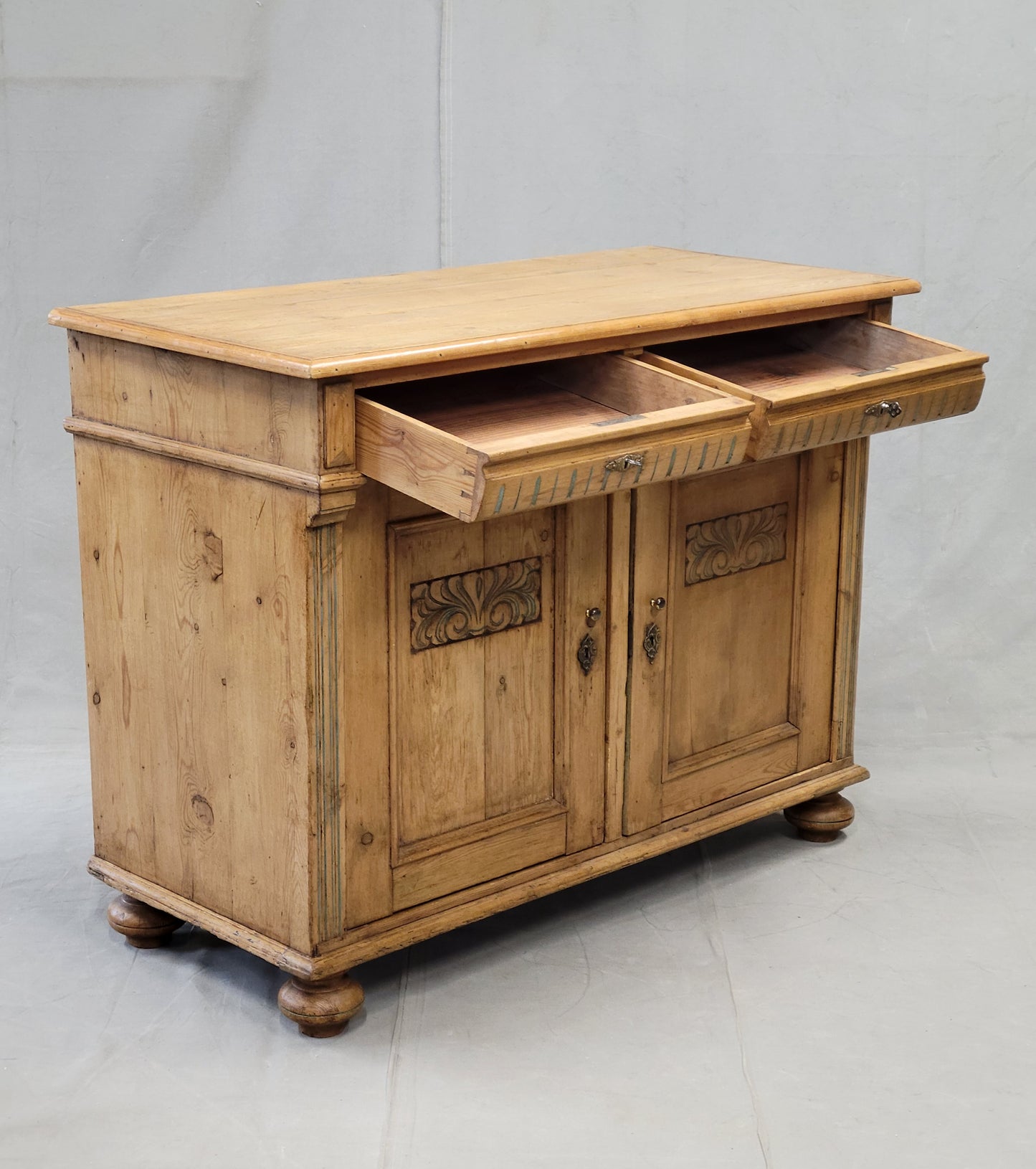 Antique Early 1900s German Pine Sideboard Buffet With Painted Carving