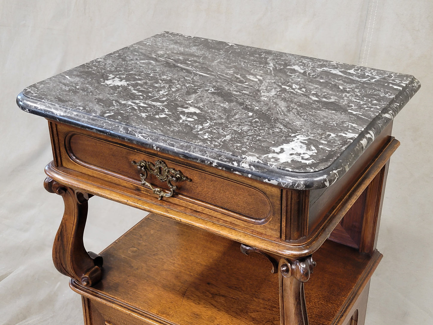 Antique Austrian Walnut and Black Marble Top Nightstands - a Pair