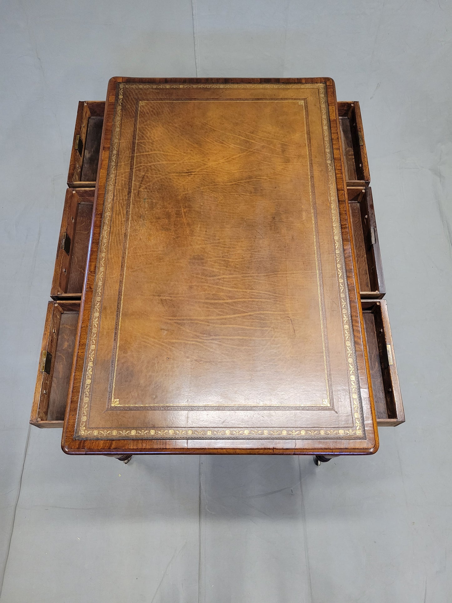 Antique Mid 1800s English Mahogany Partner Desk With Tooled Leather Top