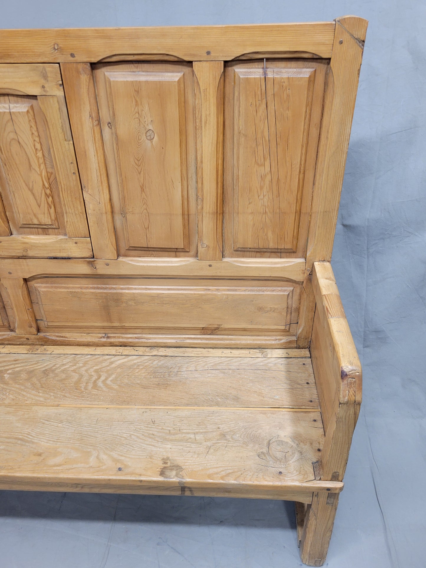 Antique Rustic Pine Long Settle Bench With Blue and White Cushion