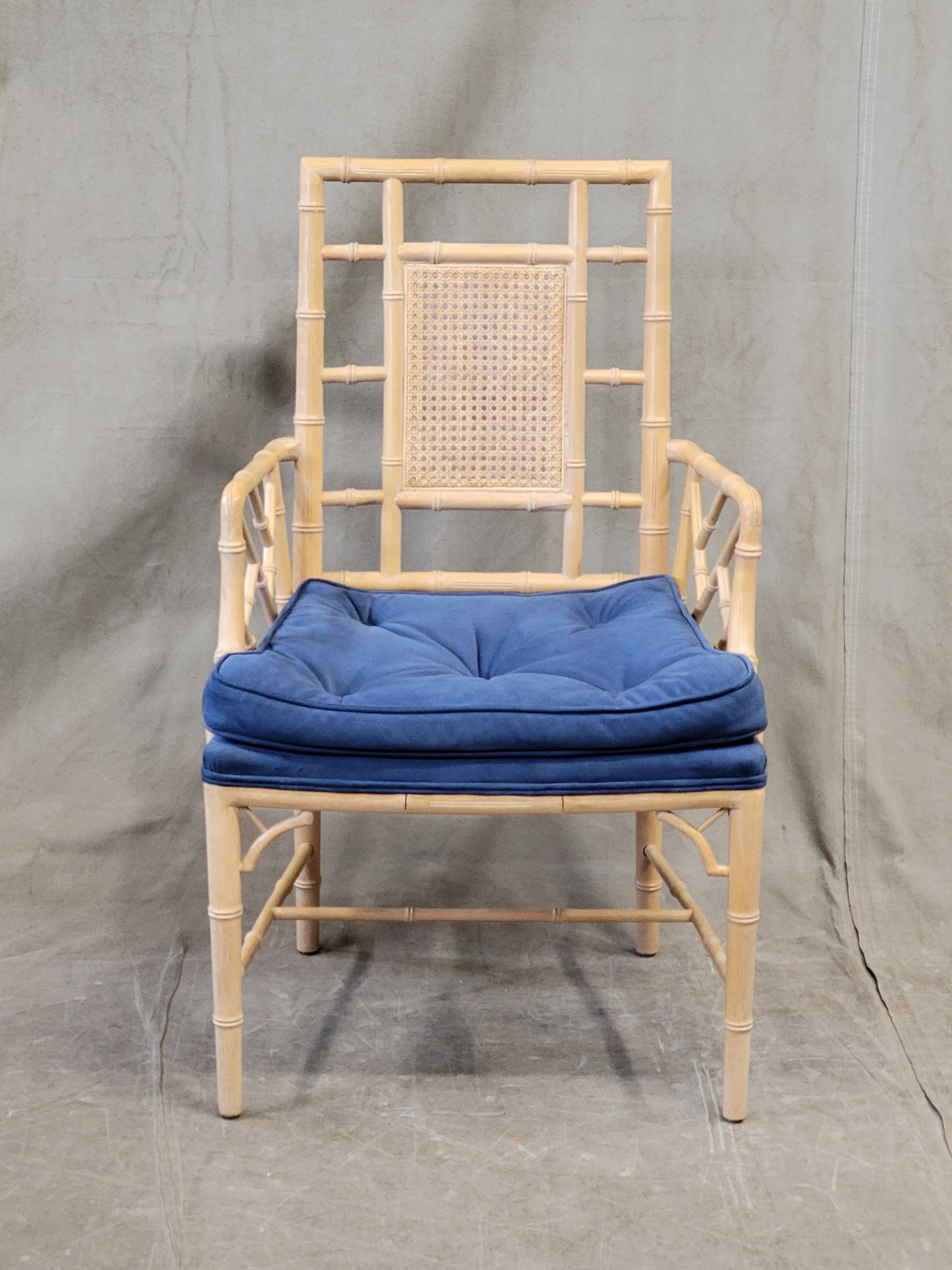 Vintage Faux Bamboo Chairs With Blue Cushions - a Pair