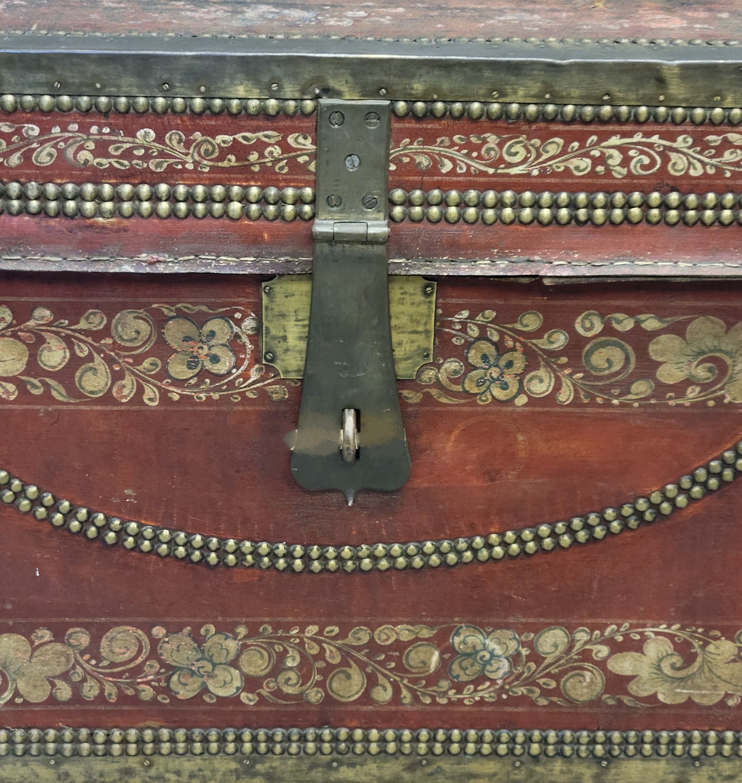 Antique Red Leather, Brass and Camphor Wood Chinese Export Trunk