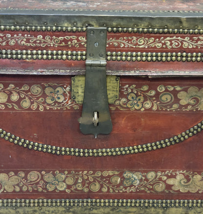 Antique Red Leather, Brass and Camphor Wood Chinese Export Trunk